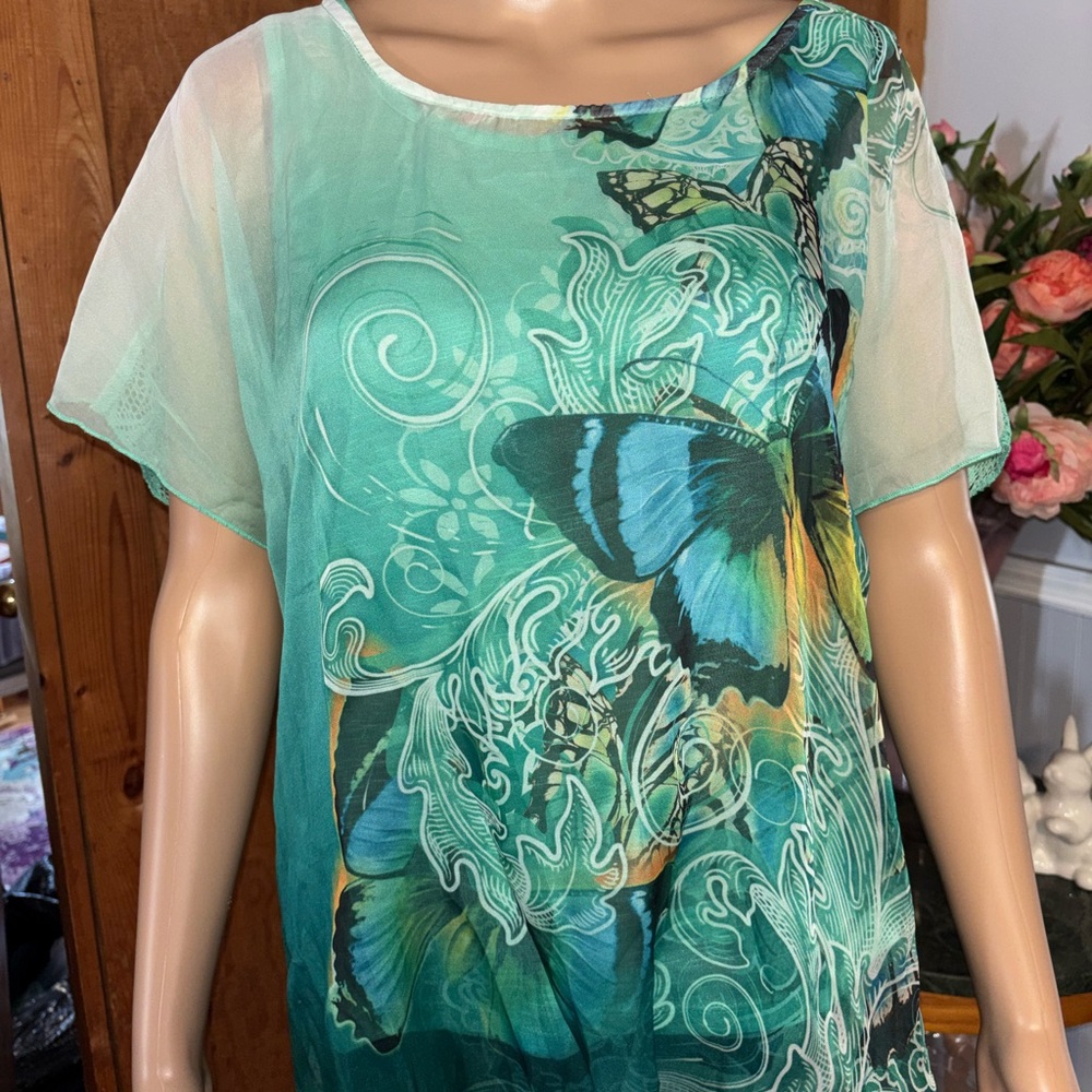 ONE WORLD Teal and Aqua Butterfly Print Sheer blouse